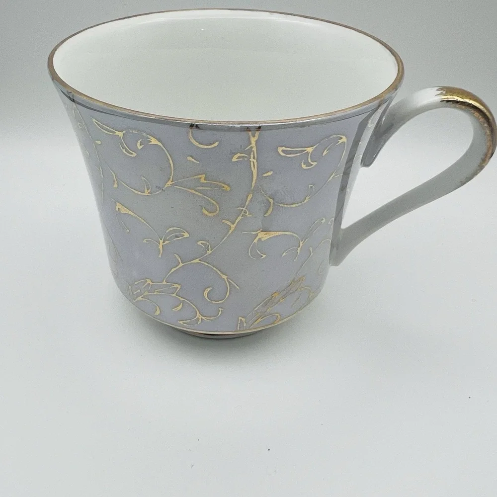 Norleans Teacup Saucer Set Lavender Gold Scroll Porcelain Japan Vintage Tea Cup